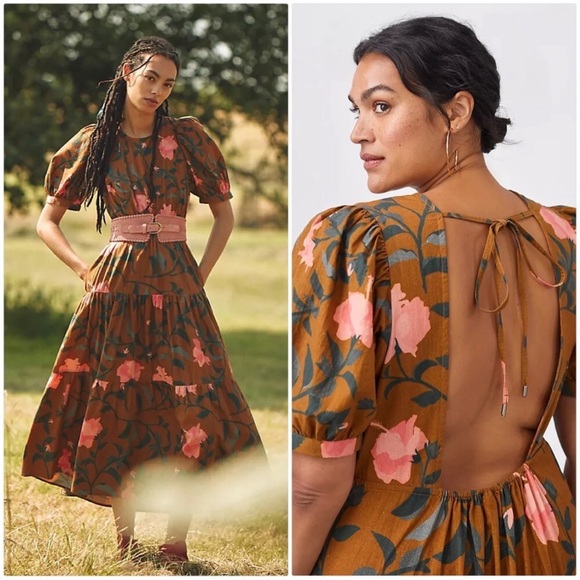 New ANTHROPOLOGIE CONDITIONS APPLY OPEN BACK FLORAL MAXI DRESS IN BROWN S M - Picture 2 of 10
